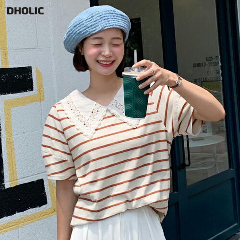 レースカラーボーダーTシャツ・全3色・b65628 レディース 【tops】韓国 ファッション トップス Tシャツ 半袖 デイリー レース パフハーフスリーブ 小顔 襟 カラー レース襟 ボーダー ストライプ パフ カジュアル 細身 体型カーバー 夏 春