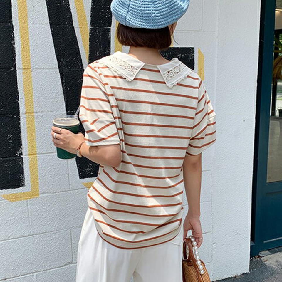 レースカラーボーダーTシャツ・全3色・b65628 レディース 【tops】韓国 ファッション トップス Tシャツ 半袖 デイリー レース パフハーフスリーブ 小顔 襟 カラー レース襟 ボーダー ストライプ パフ カジュアル 細身 体型カーバー 夏 春