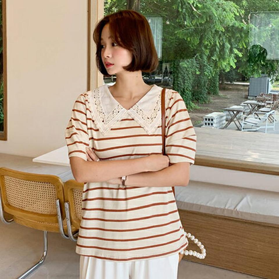 レースカラーボーダーTシャツ・全3色・b65628 レディース 【tops】韓国 ファッション トップス Tシャツ 半袖 デイリー レース パフハーフスリーブ 小顔 襟 カラー レース襟 ボーダー ストライプ パフ カジュアル 細身 体型カーバー 夏 春