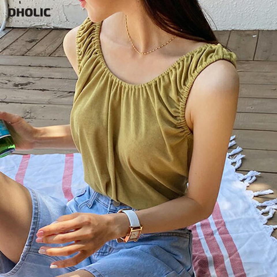 Uネックギャザースリーブレス・全4色・t65651 レディース 【tops】韓国 ファッション トップス スリーブレス Uネック ギャザー ゴム フェミニン リネン ワッフル 大人 体型カーバー 細身 フィット タイト スリム 夏 春