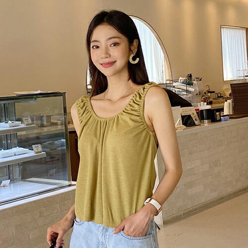Uネックギャザースリーブレス・全4色・t65651 レディース 【tops】韓国 ファッション トップス スリーブレス Uネック ギャザー ゴム フェミニン リネン ワッフル 大人 体型カーバー 細身 フィット タイト スリム 夏 春