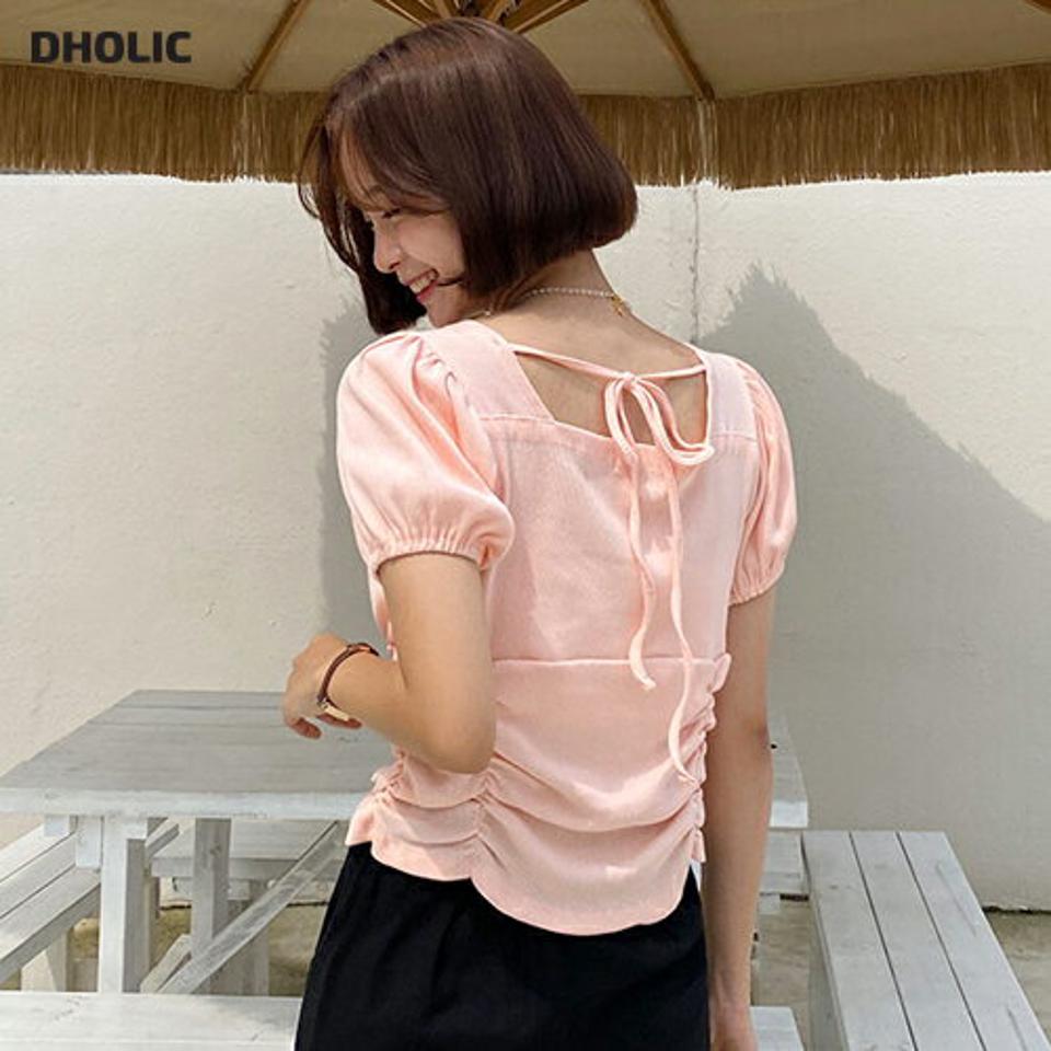 ギャザーリブTシャツ・全4色・t65627 レディース 【tops】韓国 ファッション トップス Tシャツ 半袖 デイリー リブ ギャザー ボリューム スクエアネック リボン ゴム カジュアル 細身 体型カーバー タイト 夏 春