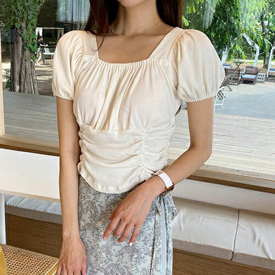 ギャザーリブTシャツ・全4色・t65627 レディース 【tops】韓国 ファッション トップス Tシャツ 半袖 デイリー リブ ギャザー ボリューム スクエアネック リボン ゴム カジュアル 細身 体型カーバー タイト 夏 春
