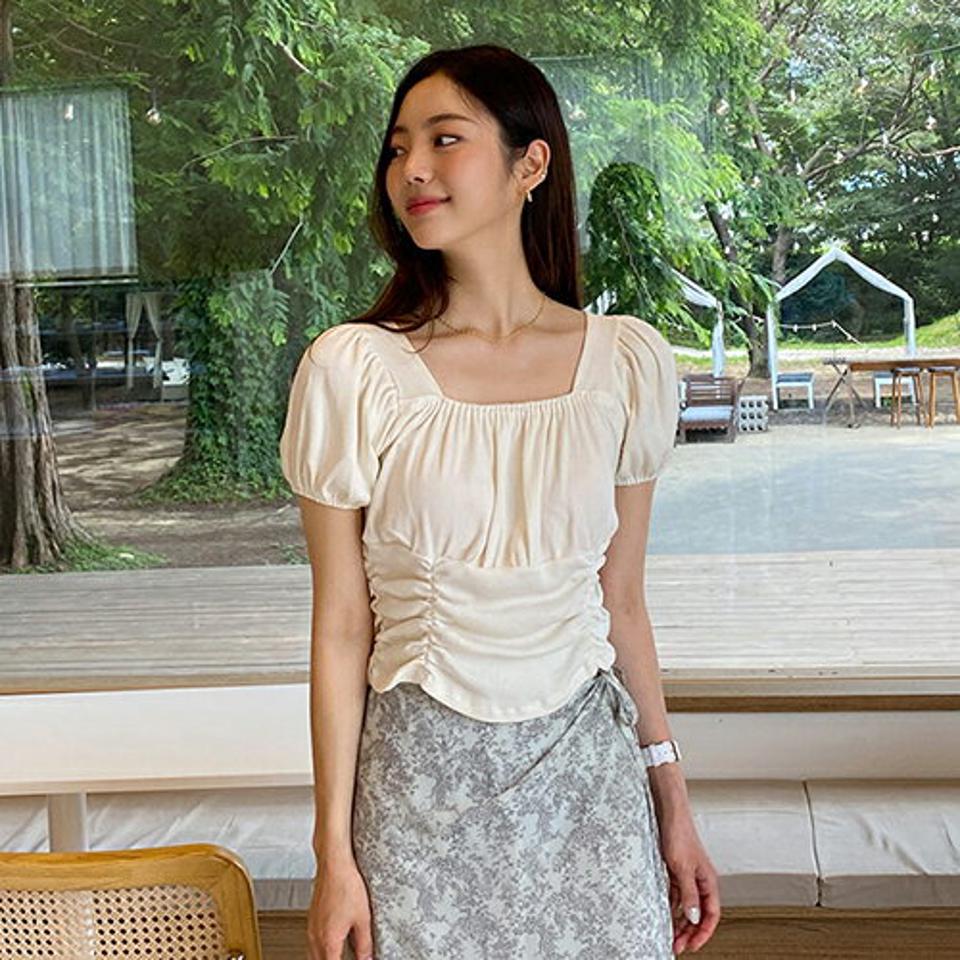 ギャザーリブTシャツ・全4色・t65627 レディース 【tops】韓国 ファッション トップス Tシャツ 半袖 デイリー リブ ギャザー ボリューム スクエアネック リボン ゴム カジュアル 細身 体型カーバー タイト 夏 春