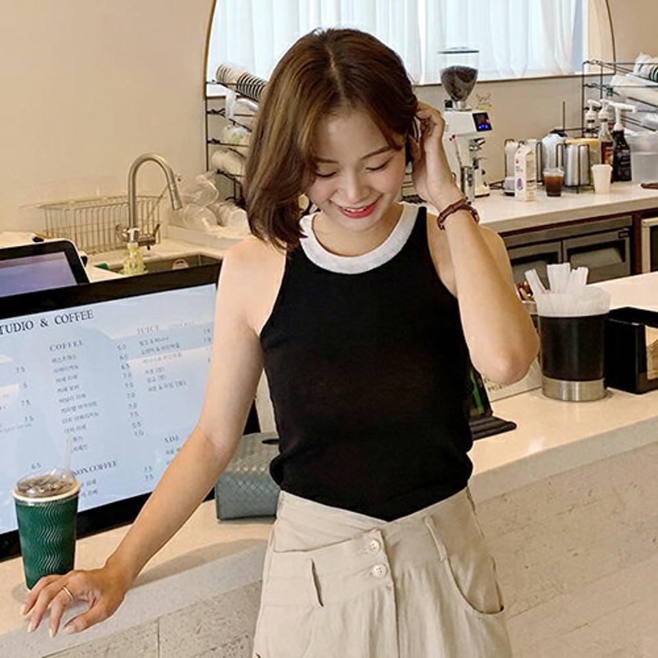 ネック配色ニットスリーブレス・全2色・b65625 レディース 【tops】韓国 ファッション トップス スリーブレス ニット ラウンドネック 配色 フェミニン 大人 体型カーバー 細身 フィット タイト スリム 夏 春