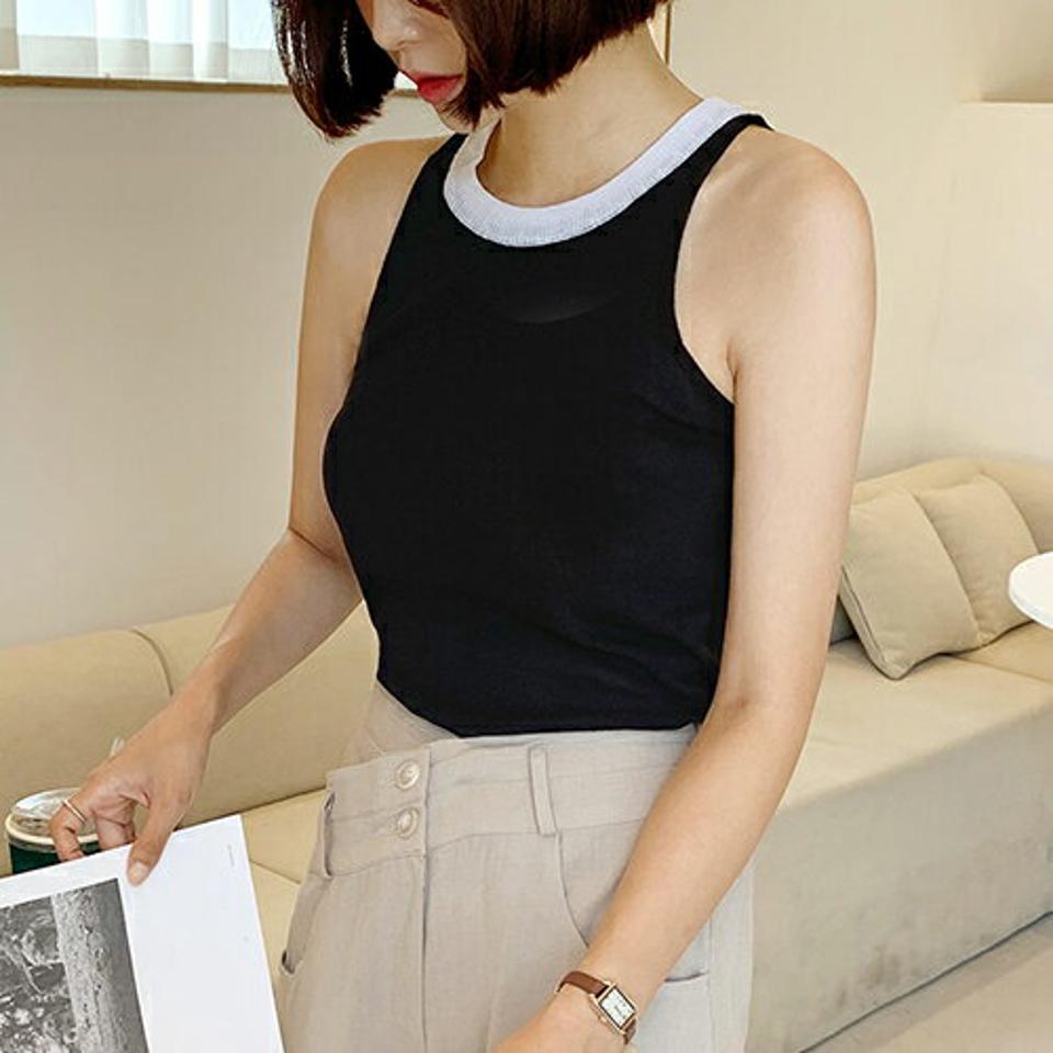 ネック配色ニットスリーブレス・全2色・b65625 レディース 【tops】韓国 ファッション トップス スリーブレス ニット ラウンドネック 配色 フェミニン 大人 体型カーバー 細身 フィット タイト スリム 夏 春