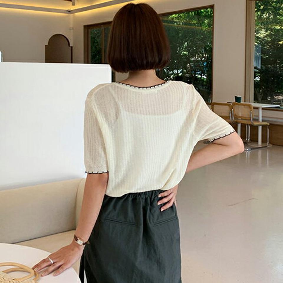 ラウンド半袖ボタンニット・全3色・t65631 レディース 【tops】韓国 ファッション トップス ニット 半袖 デイリー カジュアル ラウンドネック ボタン スカラップ 配色 ベーシック スリム タイト フィット 細身 体型カーバー フェミニン 夏 春