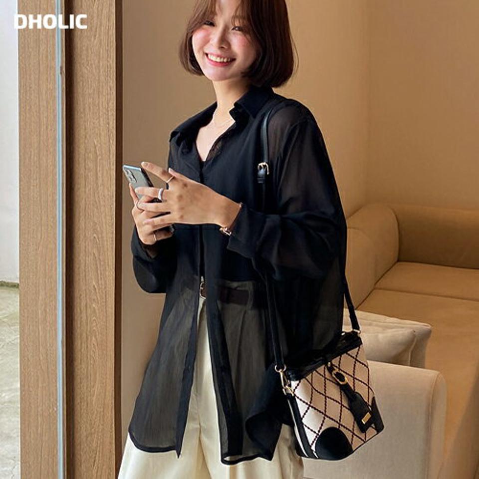 2WAYシースルーシャツ・全3色・t65633 レディース 【bl】韓国 ファッション トップス ブラウス 長袖 大人 ポロ襟 シースルー ルーズ ゆったり 2WAY ビーチ 上品 カジュアル フェミニン 夏 春