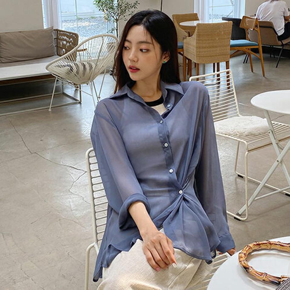 2WAYシースルーシャツ・全3色・t65633 レディース 【bl】韓国 ファッション トップス ブラウス 長袖 大人 ポロ襟 シースルー ルーズ ゆったり 2WAY ビーチ 上品 カジュアル フェミニン 夏 春