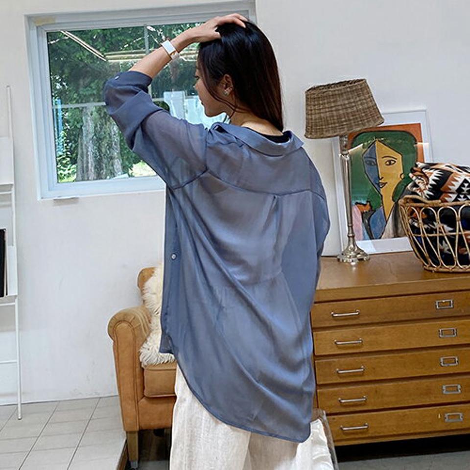 2WAYシースルーシャツ・全3色・t65633 レディース 【bl】韓国 ファッション トップス ブラウス 長袖 大人 ポロ襟 シースルー ルーズ ゆったり 2WAY ビーチ 上品 カジュアル フェミニン 夏 春