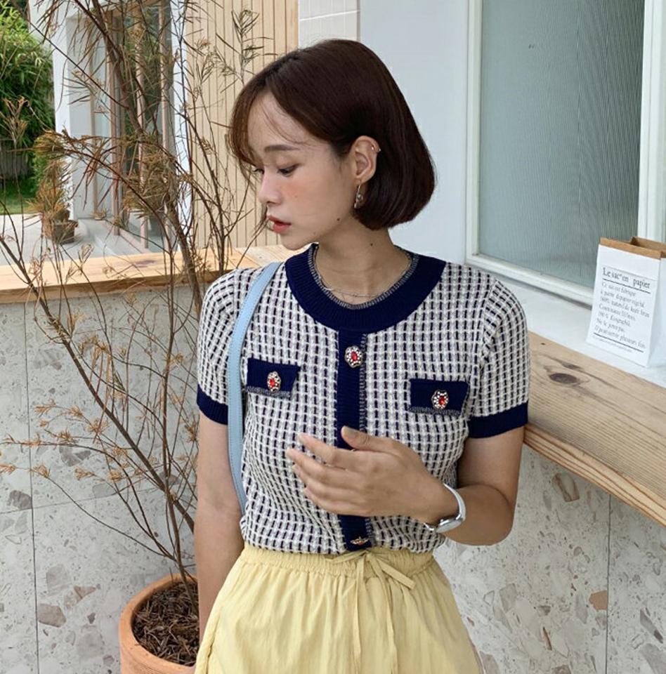 配色キュービックボタンニット・全2色・b62419 レディース 【tops】 韓国 ファッション トップス ニット サマーニット 半袖 ハーフスリーブ ラウンドネック ボタン ツイード チェック 大人 上品 エレガント カジュアル 夏
