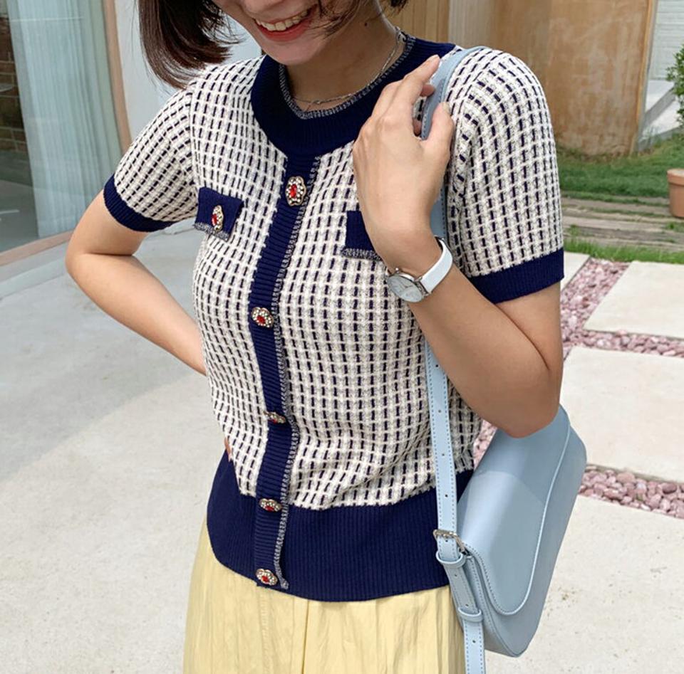 配色キュービックボタンニット・全2色・b62419 レディース 【tops】 韓国 ファッション トップス ニット サマーニット 半袖 ハーフスリーブ ラウンドネック ボタン ツイード チェック 大人 上品 エレガント カジュアル 夏