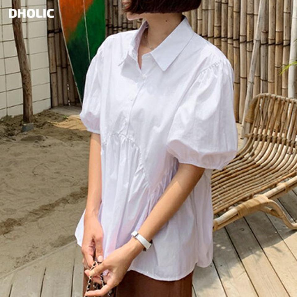 フレアギャザーシャツブラウス・全2色・b62417 レディース 【bl】 韓国 ファッション トップス ブラウス カラー 襟 ハーフスリーブ 半袖 パフスリーブ ボリューム袖 フレアヘム Aライン 体型カバー ペプラム 無地 コットン100 カジュアル 夏