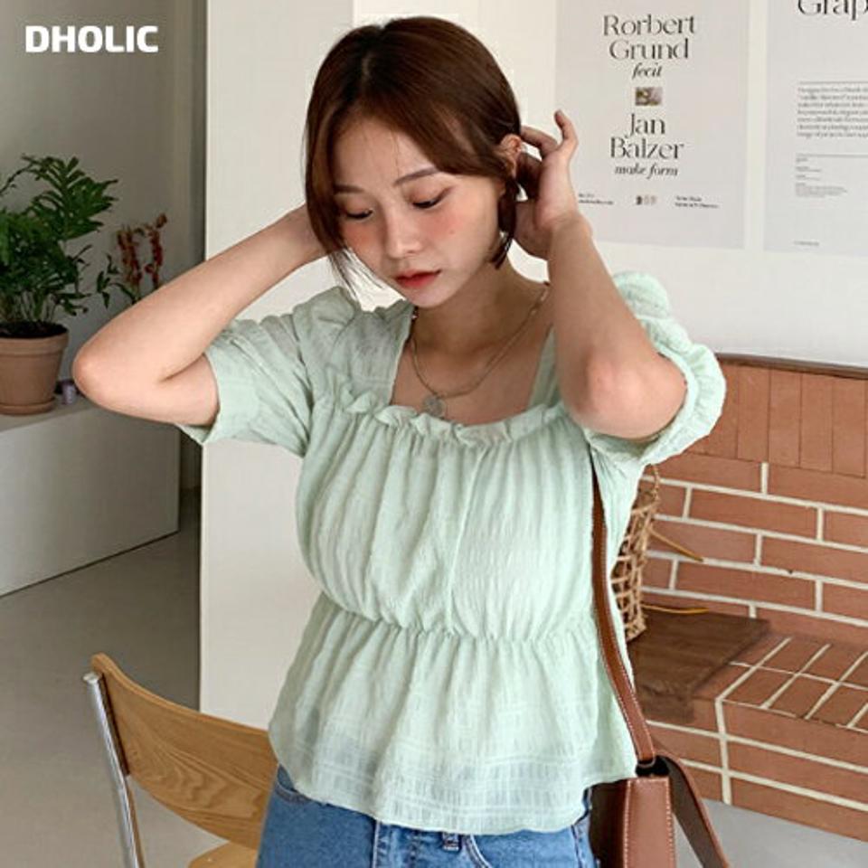 リンクルギャザーブラウス・全4色・t62414 レディース 【bl】 韓国 ファッション トップス ブラウス スクエアネック ハーフスリーブ 半袖 パフスリーブ フレアヘム Aライン 体型カバー ペプラム 無地 リンクル カジュアル 夏