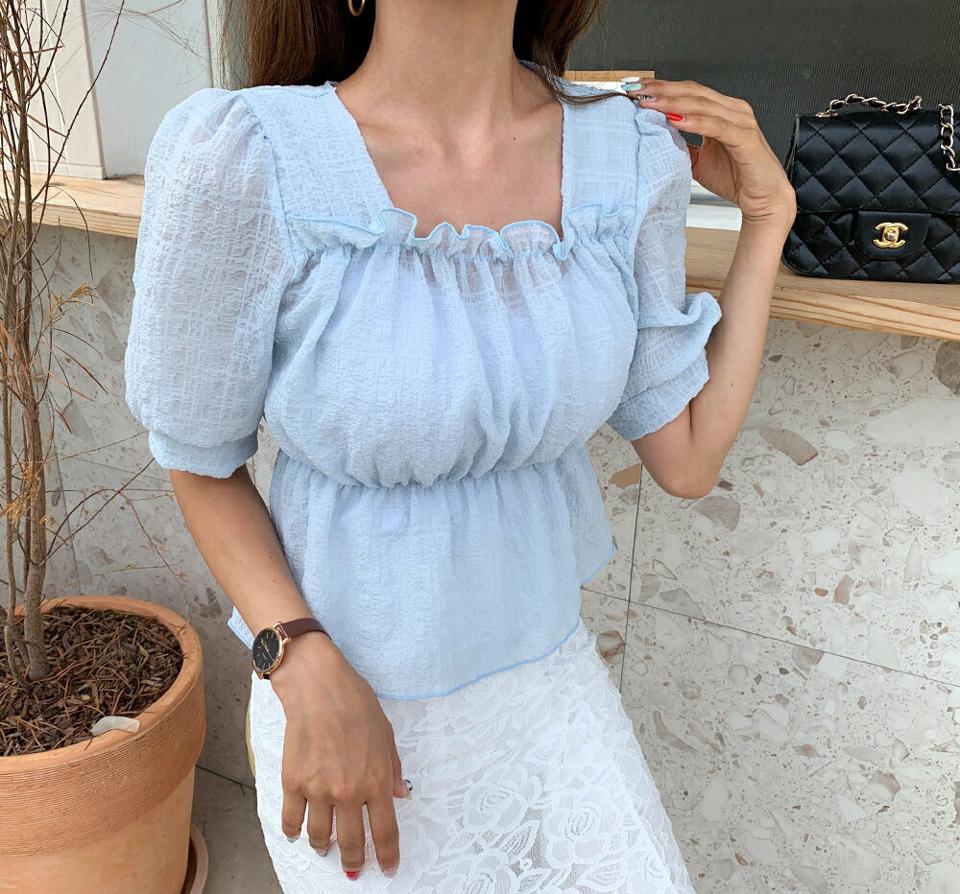 リンクルギャザーブラウス・全4色・t62414 レディース 【bl】 韓国 ファッション トップス ブラウス スクエアネック ハーフスリーブ 半袖 パフスリーブ フレアヘム Aライン 体型カバー ペプラム 無地 リンクル カジュアル 夏