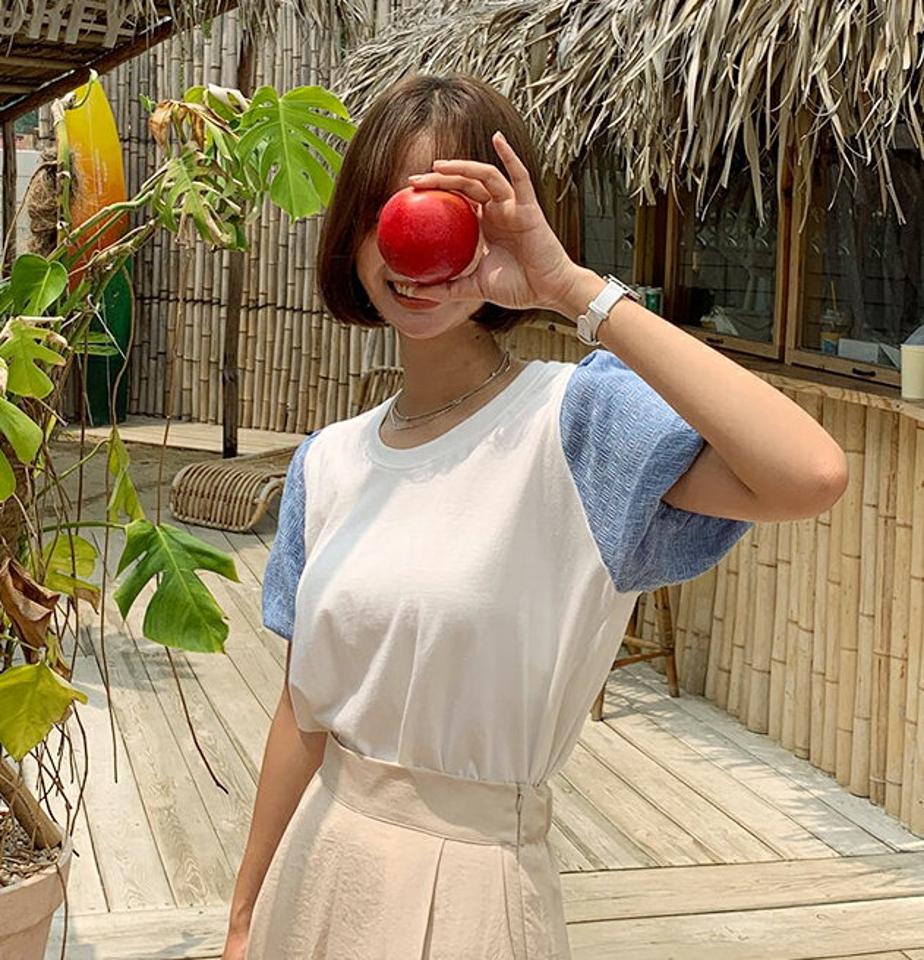 配色スリーブTシャツ・全3色・b62412 レディース 【tops】 韓国 ファッション トップス Tシャツ カットソー ラウンドネック クルーネック 半袖 ハーフスリーブ パフスリーブ ボリューム袖 切替 カジュアル 夏
