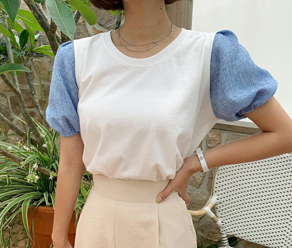 配色スリーブTシャツ・全3色・b62412 レディース 【tops】 韓国 ファッション トップス Tシャツ カットソー ラウンドネック クルーネック 半袖 ハーフスリーブ パフスリーブ ボリューム袖 切替 カジュアル 夏