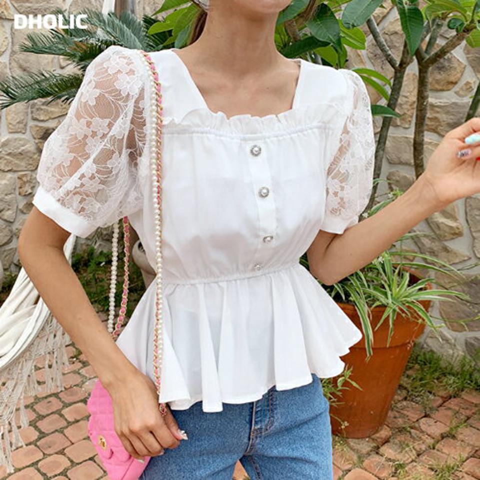 レースフレアブラウス・全2色・t62416 レディース 【bl】 韓国 ファッション トップス ブラウス スクエアネック ハーフスリーブ 半袖 パフスリーブ ボリューム袖 袖コンシャス フレアヘム ペプラム 無地 リンクル カジュアル 夏