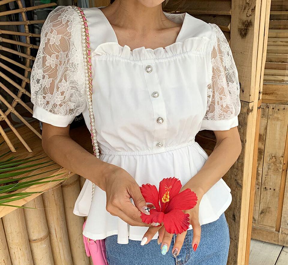 レースフレアブラウス・全2色・t62416 レディース 【bl】 韓国 ファッション トップス ブラウス スクエアネック ハーフスリーブ 半袖 パフスリーブ ボリューム袖 袖コンシャス フレアヘム ペプラム 無地 リンクル カジュアル 夏