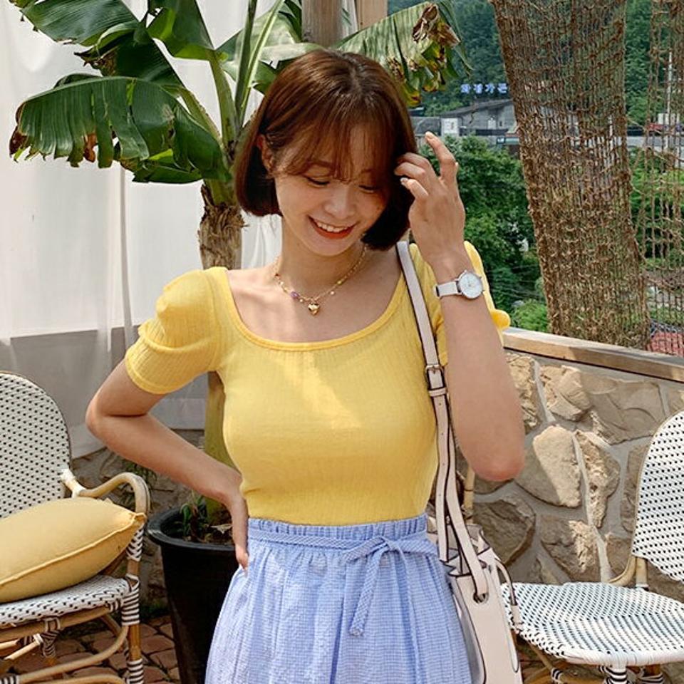 リブパフスクエアTシャツ・全5色・t62410 レディース 【tops】 韓国 ファッション トップス Tシャツ カットソー リブTシャツ Uネック 無地 タイト スリム パフスリーブ ボリューム袖 カジュアル 夏