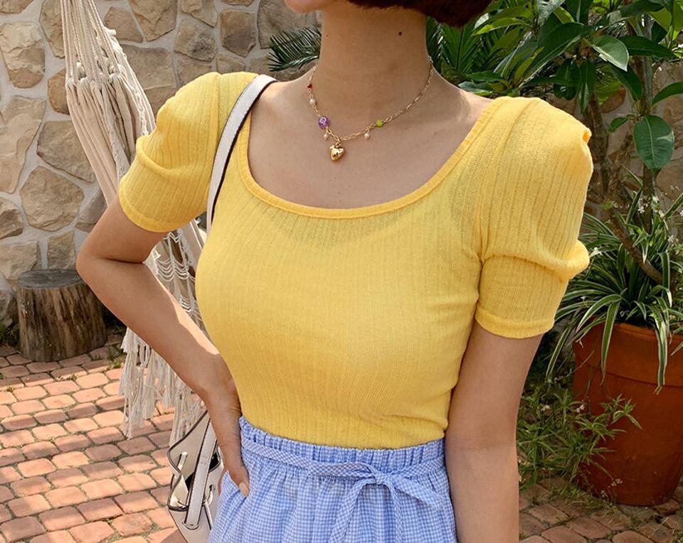 リブパフスクエアTシャツ・全5色・t62410 レディース 【tops】 韓国 ファッション トップス Tシャツ カットソー リブTシャツ Uネック 無地 タイト スリム パフスリーブ ボリューム袖 カジュアル 夏