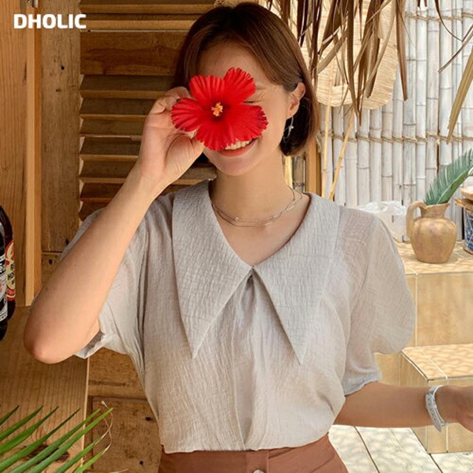 バリモアカラーリンクルブラウス・全4色・t62415 レディース 【bl】 韓国 ファッション トップス ブラウス カラー 襟 ワイドカラー ビッグカラー 半袖 ハーフスリーブ 五分袖 5分袖 パフスリーブ ボリューム袖 無地 リンクル テクスチャー カジュアル 夏