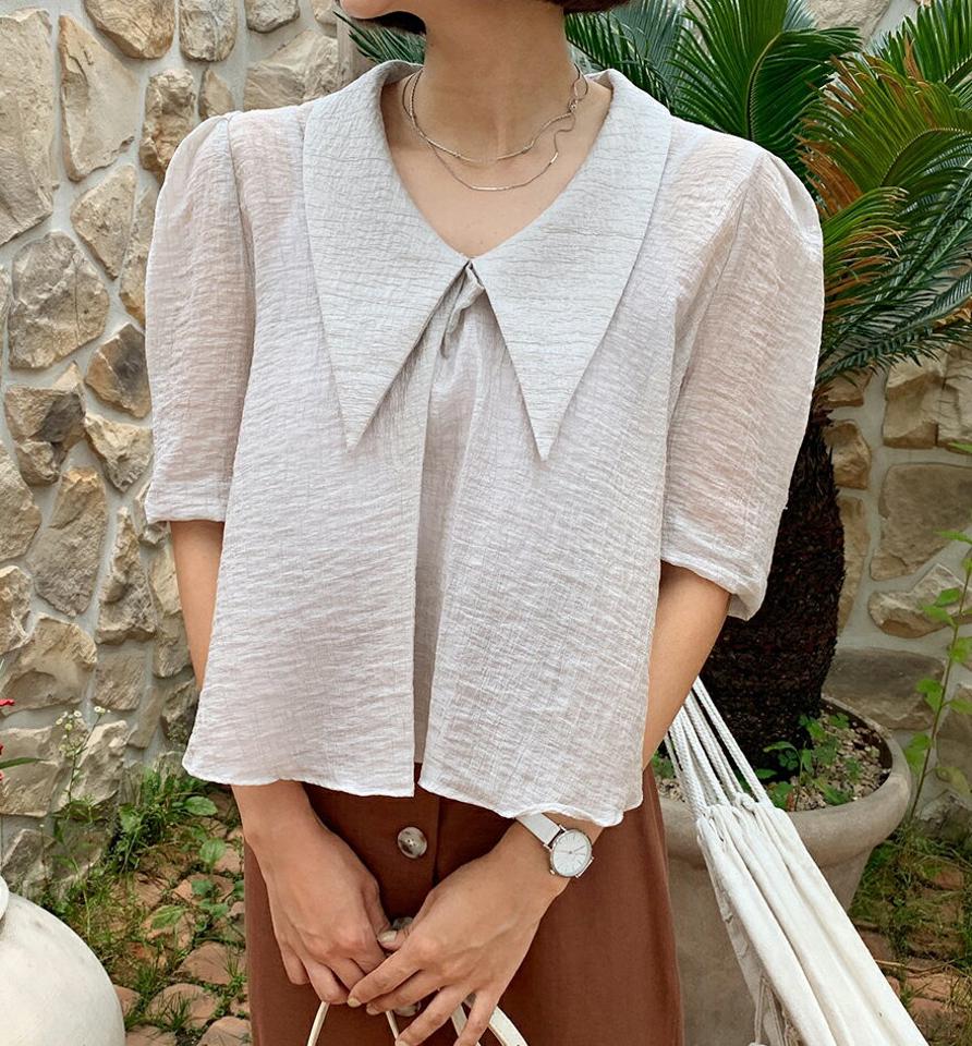 バリモアカラーリンクルブラウス・全4色・t62415 レディース 【bl】 韓国 ファッション トップス ブラウス カラー 襟 ワイドカラー ビッグカラー 半袖 ハーフスリーブ 五分袖 5分袖 パフスリーブ ボリューム袖 無地 リンクル テクスチャー カジュアル 夏