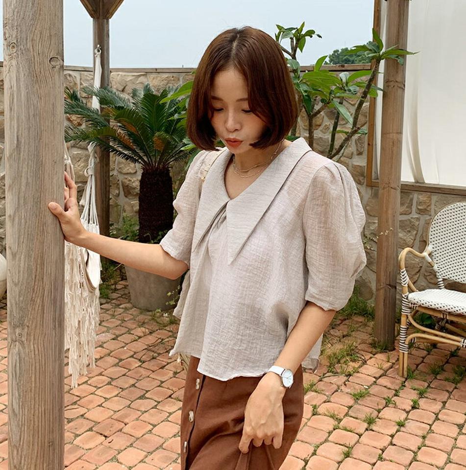 バリモアカラーリンクルブラウス・全4色・t62415 レディース 【bl】 韓国 ファッション トップス ブラウス カラー 襟 ワイドカラー ビッグカラー 半袖 ハーフスリーブ 五分袖 5分袖 パフスリーブ ボリューム袖 無地 リンクル テクスチャー カジュアル 夏