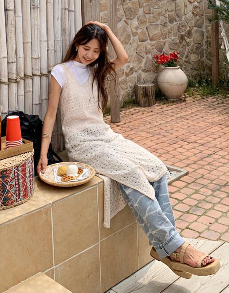 パンチングニットスリーブレスワンピース・全3色・t62420 レディース 【ops】 韓国 ファッション ワンピース ロングワンピース ニットワンピース ノースリーブ ラウンドネック ニットレース レイヤード Hライン カジュアル 夏