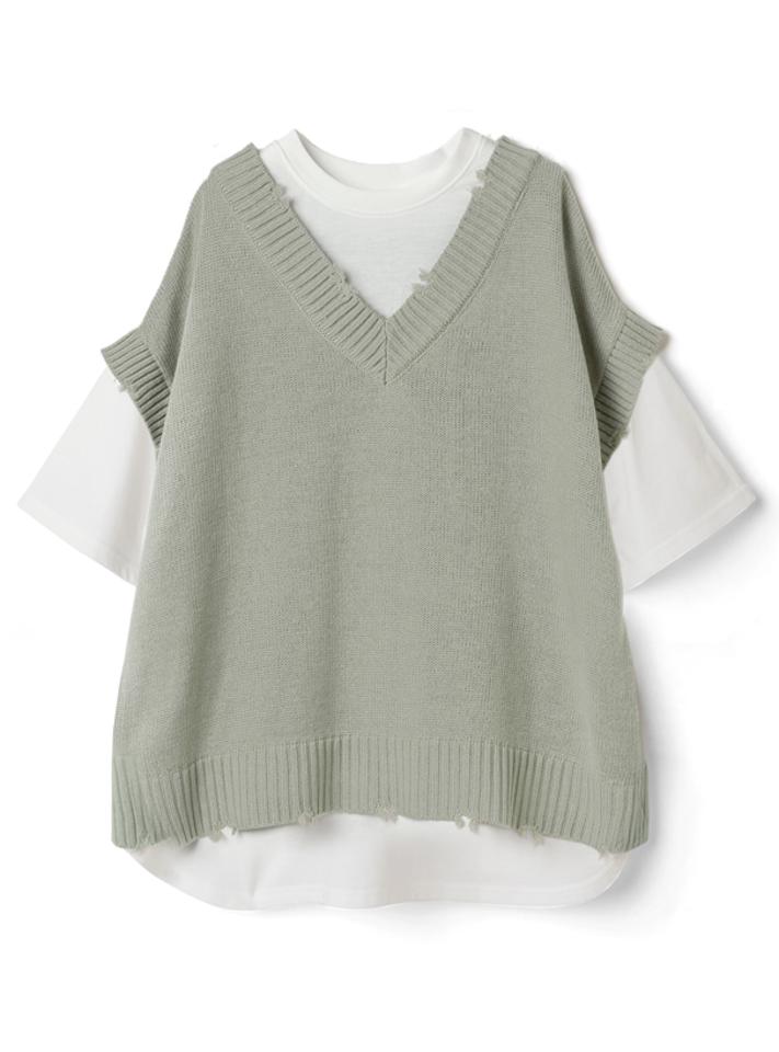 バックボタンニットベストドッキングTシャツ