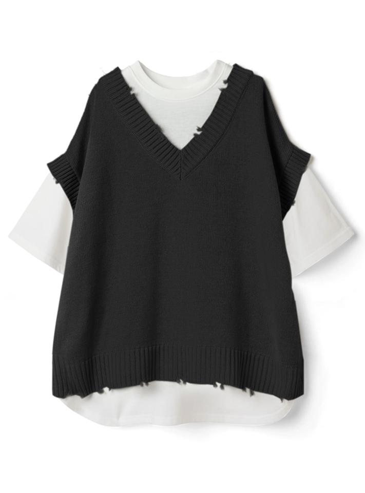 バックボタンニットベストドッキングTシャツ