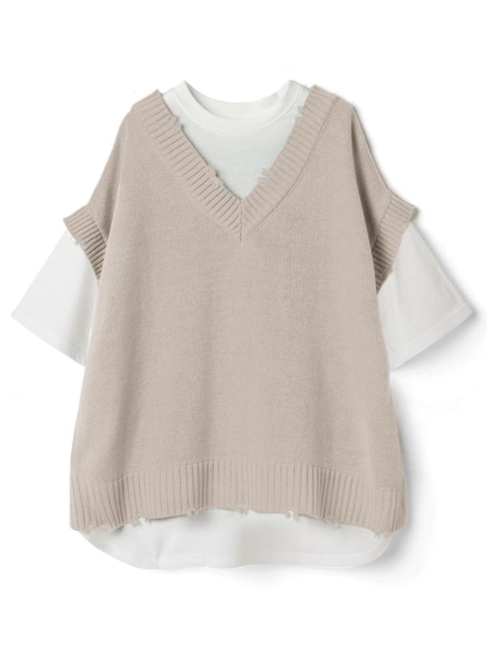 バックボタンニットベストドッキングTシャツ