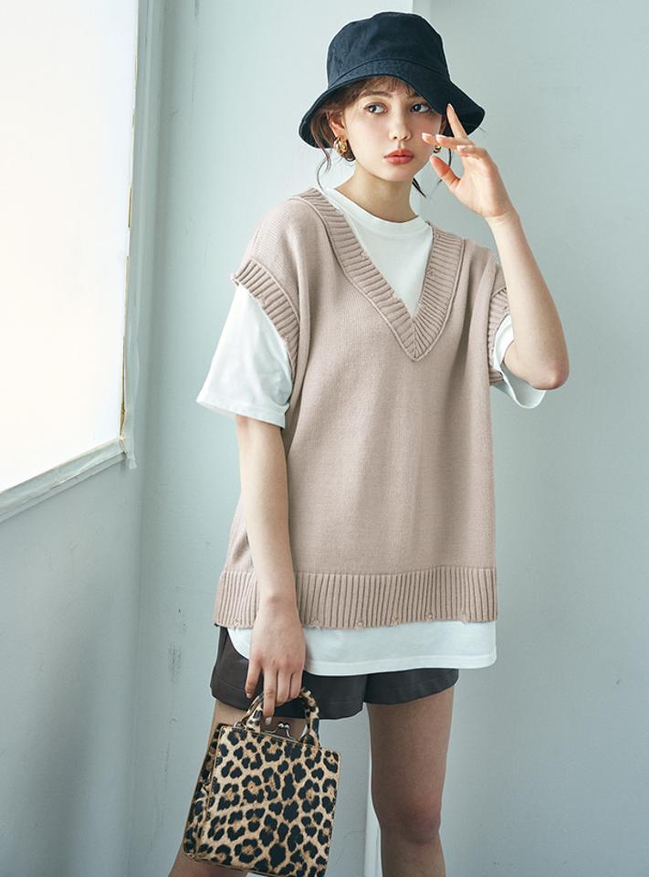 バックボタンニットベストドッキングTシャツ