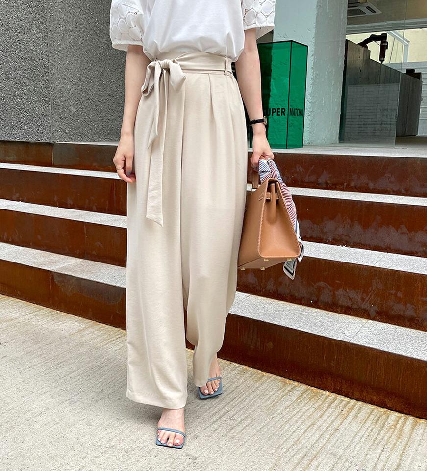 ストラップ付ワイドパンツ・全3色・b69535 レディース 【pt】パンツ ズボン ロングパンツ ワイド ストラップ 単色 無地 シンプル カジュアル 春 夏 韓国 ファッション ハイホリHIHOLLI