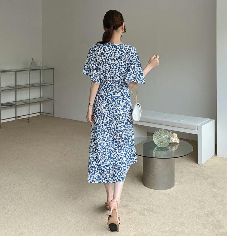 フローラルラップワンピース・全2色・t69410 レディース 【ops】ワンピース ロング 半袖 ハーフスリーブ ラップデザイン フェミニン Vネック 可愛い かわいい 大人 ウエストマーク 春 夏 韓国 ファッション ハイホリHIHOLLI