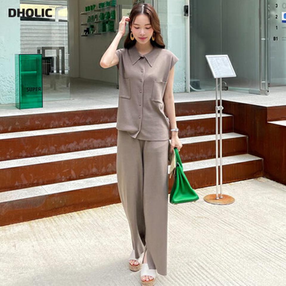 【只今10%OFF】ポケットカラーニット&ワイドパンツSET・全3色・b69529 レディース 【pt】セットアップ setup トップス ニット フレンチスリーブ ショートスリーブ パンツ ズボン ロングパンツ 単色 無地 シンプル カジュアル 春 夏 韓国 ファッション ハイホリHIHOLLI