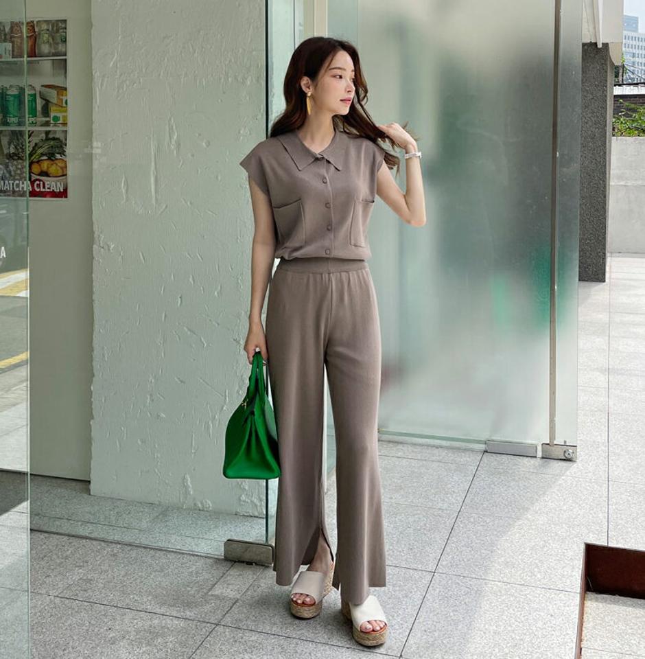 【只今10%OFF】ポケットカラーニット&ワイドパンツSET・全3色・b69529 レディース 【pt】セットアップ setup トップス ニット フレンチスリーブ ショートスリーブ パンツ ズボン ロングパンツ 単色 無地 シンプル カジュアル 春 夏 韓国 ファッション ハイホリHIHOLLI