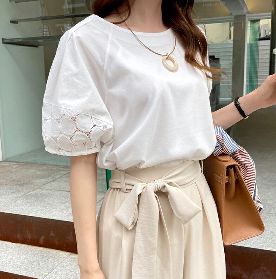 レーススリーブ配色Tシャツ・全3色・b69527 レディース 【tops】トップス Tシャツ 半袖 ハーフスリーブ レース 透け感 フェミニン かわいい 可愛い コントラスト 春 夏 韓国 ファッション ハイホリHIHOLLI