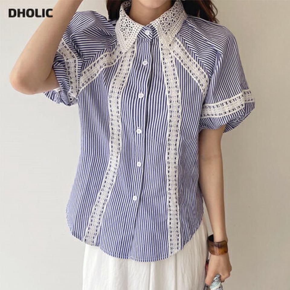 2TYPEレースポイントバルーンブラウス・全2色・b69534 レディース 【bl】トップス シャツ 半袖 ストライプ バルーンスリーブ ボリューム袖 単色 無地 ガーリー 可愛い かわいい レース 春 夏 韓国 ファッション ハイホリHIHOLLI