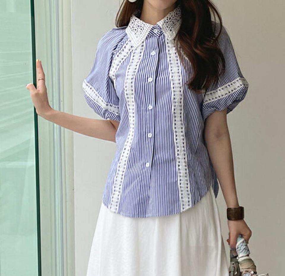 2TYPEレースポイントバルーンブラウス・全2色・b69534 レディース 【bl】トップス シャツ 半袖 ストライプ バルーンスリーブ ボリューム袖 単色 無地 ガーリー 可愛い かわいい レース 春 夏 韓国 ファッション ハイホリHIHOLLI