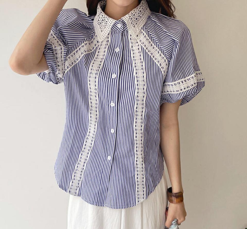 2TYPEレースポイントバルーンブラウス・全2色・b69534 レディース 【bl】トップス シャツ 半袖 ストライプ バルーンスリーブ ボリューム袖 単色 無地 ガーリー 可愛い かわいい レース 春 夏 韓国 ファッション ハイホリHIHOLLI