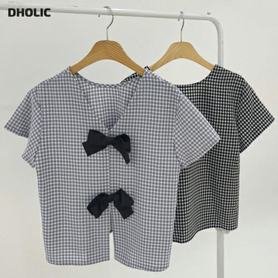 チェックリボンブラウス・全3色・b69526 レディース 【bl】トップス ブラウス 半袖 チェック柄 ギンガムチェック りぼん ガーリー 可愛い かわいい 前後着用自由 Vネック ラウンドネック 春 夏 韓国 ファッション ハイホリHIHOLLI