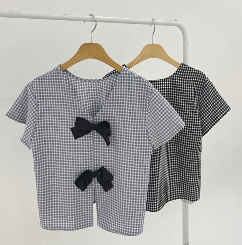 チェックリボンブラウス・全3色・b69526 レディース 【bl】トップス ブラウス 半袖 チェック柄 ギンガムチェック りぼん ガーリー 可愛い かわいい 前後着用自由 Vネック ラウンドネック 春 夏 韓国 ファッション ハイホリHIHOLLI