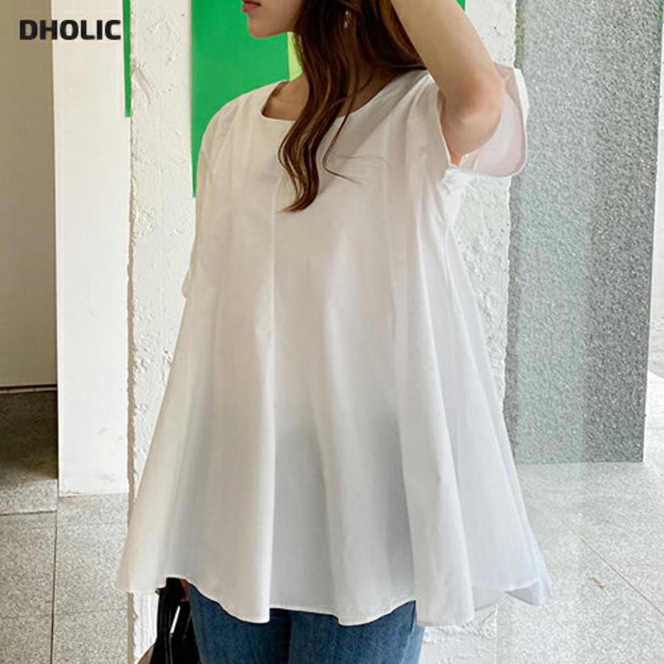 ロールアップスリーブブラウス・全3色・t69525 レディース 【bl】トップス ブラウス 半袖 ハーフスリーブ ロールアップ 大人 単色 無地 シンプル フェミニン 体型カバー 春 夏 韓国 ファッション ハイホリHIHOLLI