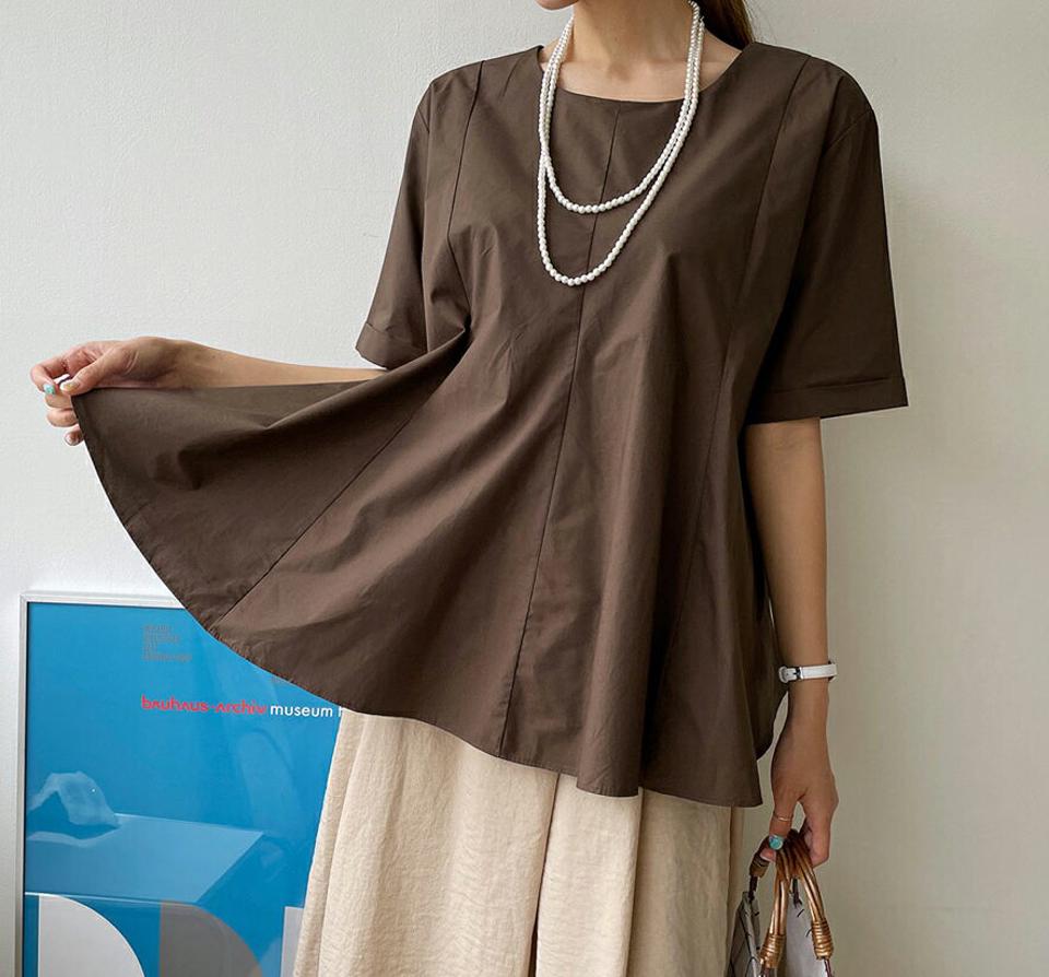 ロールアップスリーブブラウス・全3色・t69525 レディース 【bl】トップス ブラウス 半袖 ハーフスリーブ ロールアップ 大人 単色 無地 シンプル フェミニン 体型カバー 春 夏 韓国 ファッション ハイホリHIHOLLI