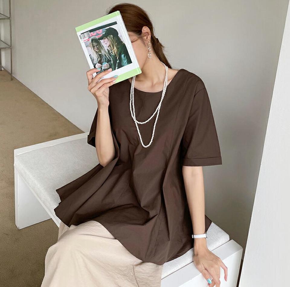 ロールアップスリーブブラウス・全3色・t69525 レディース 【bl】トップス ブラウス 半袖 ハーフスリーブ ロールアップ 大人 単色 無地 シンプル フェミニン 体型カバー 春 夏 韓国 ファッション ハイホリHIHOLLI