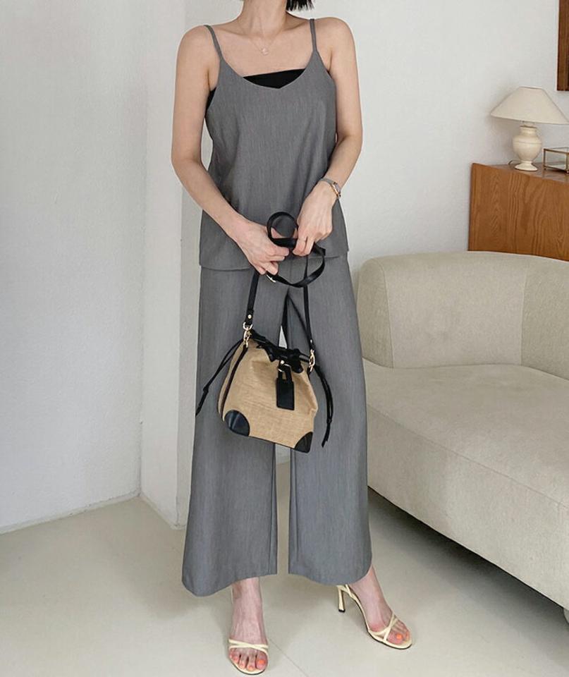 Vネックキャミソール&ワイドパンツSET・全3色・t62470 レディース 【pt】韓国 ファッション ボトムス ロング ロングパンツ デイリー セットアップ スリーブレス Vネック ゴム セット 足長 大人 10分丈 体型カーバー 細身 カジュアル 夏 春