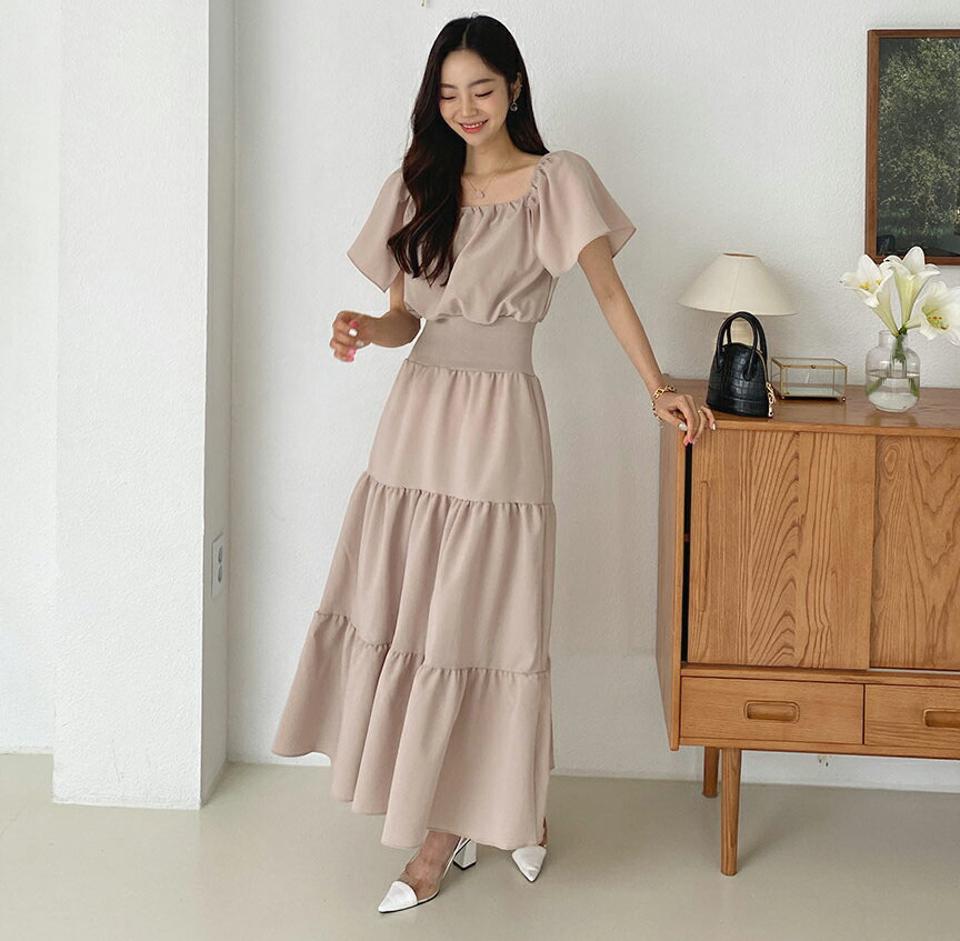 ウィングスリーブティアードワンピース・全2色・t62467 レディース 【ops】韓国 ファッション ワンピース ロング ロングワンピース 半袖 シフォン ティアード ゴム フィット スクェアネック 体型カバー スリム 細身 夏 春