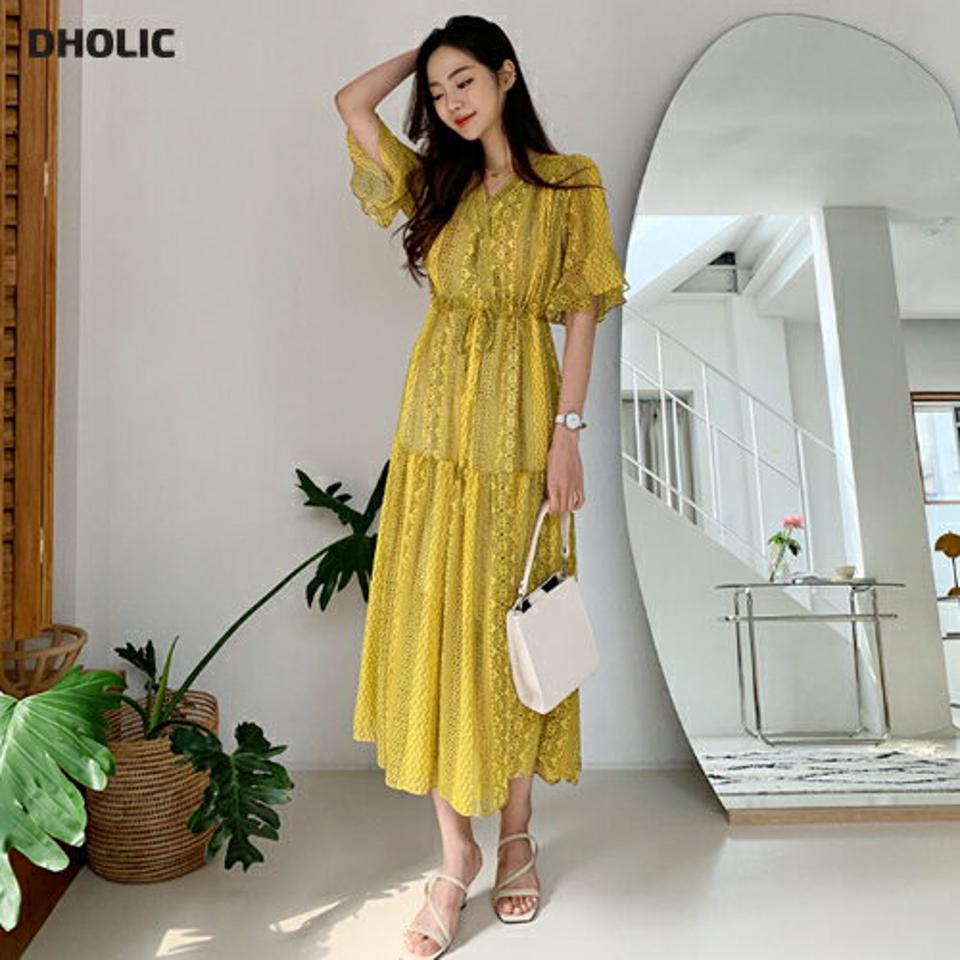 パターンドロストワンピース・全2色・b62466 レディース 【ops】韓国 ファッション ワンピース ロング ロングワンピース 半袖 パターン ストリング フレア ガーリー Vライン 体型カバー スリム 細身 夏 春