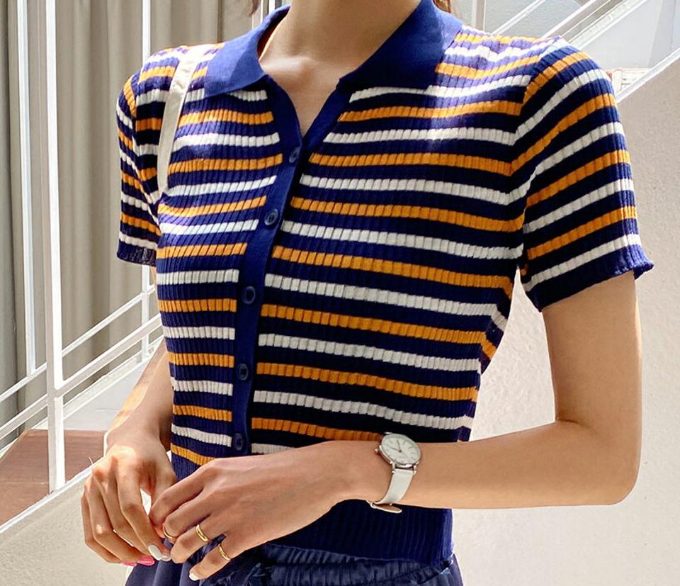 ボーダーカラーボタンニット・全5色・t62463 レディース 【tops】韓国 ファッション トップス ニット 半袖 デイリー カジュアル ボタン スリット ボーダー パターン リブ フィット クロップド丈 タイト 細身 体型カーバー 夏 春